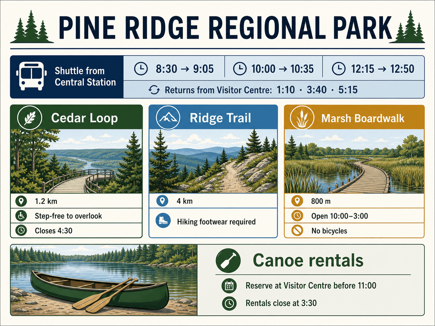 Pine Ridge Regional Park guide showing shuttle times, route cards, and canoe rental information.