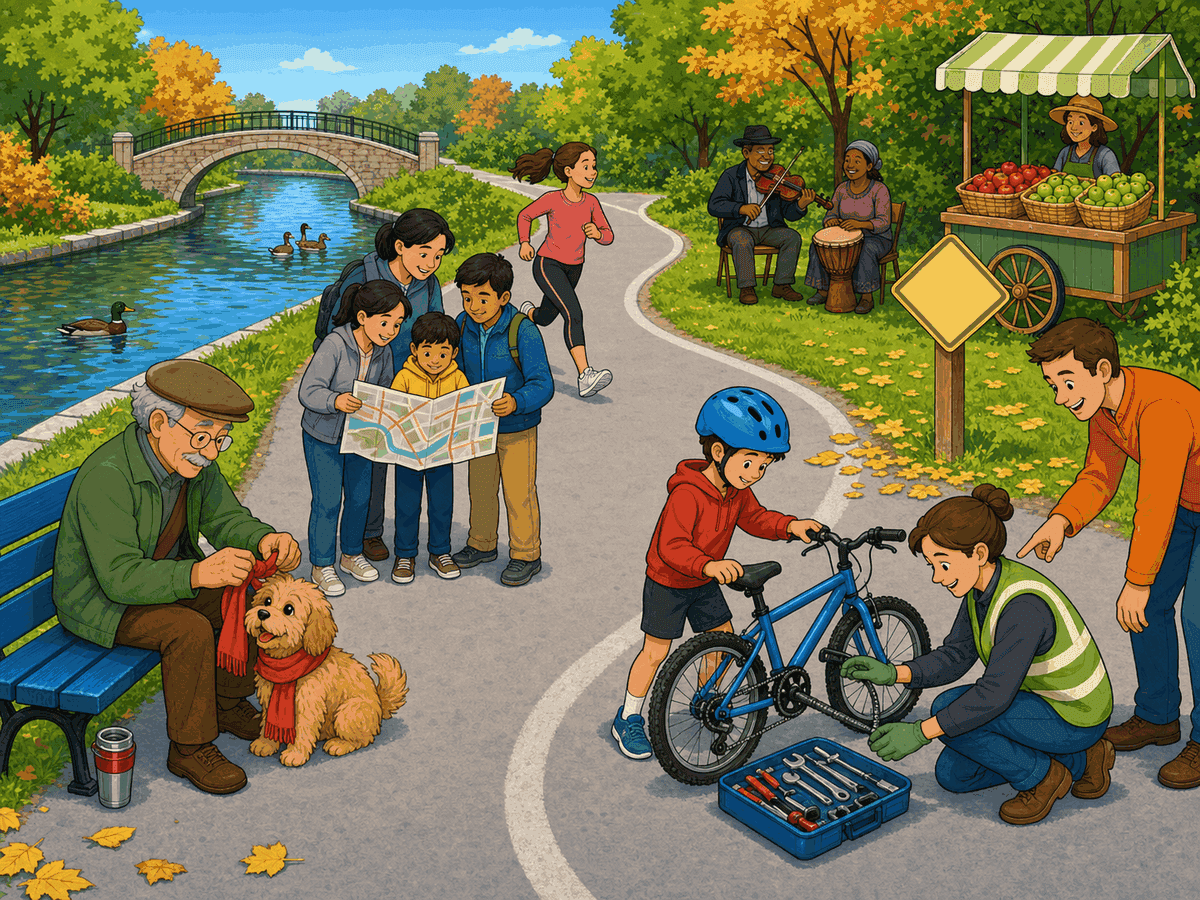 A wide multi-use path curves beside a calm canal. A repair volunteer kneels by a child's bicycle in the foreground; a family consults a map near the centre; a small produce cart and musicians appear farther back. The scene is busy but cooperative.