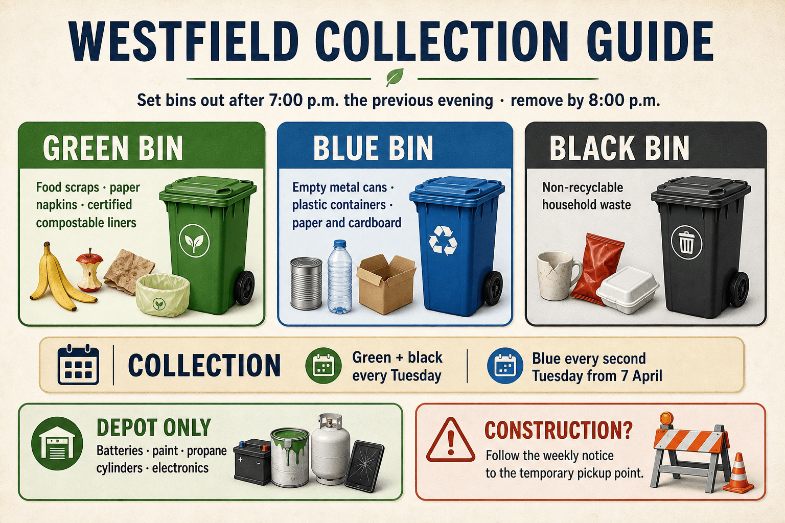 Westfield collection guide showing green, blue, and black bin rules, collection timing, and depot-only items.