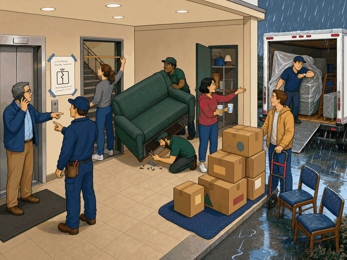 A moving truck is being unloaded outside an apartment building in rain. The main elevator is out of service, a large sofa will not fit through the stairwell door, and staff are discussing alternatives.